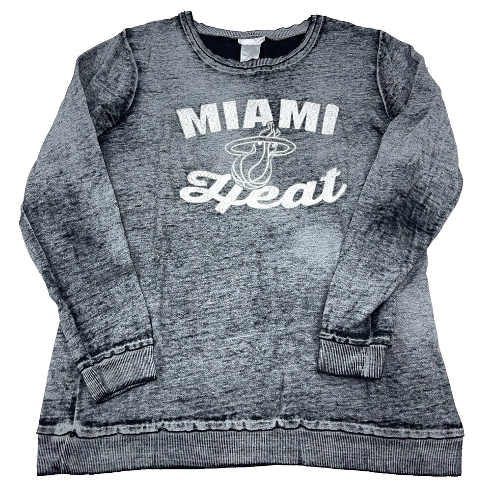 Miami Heat Sweatshirt Women Medium Black Gray Crew Neck Sweater Faded Distressed